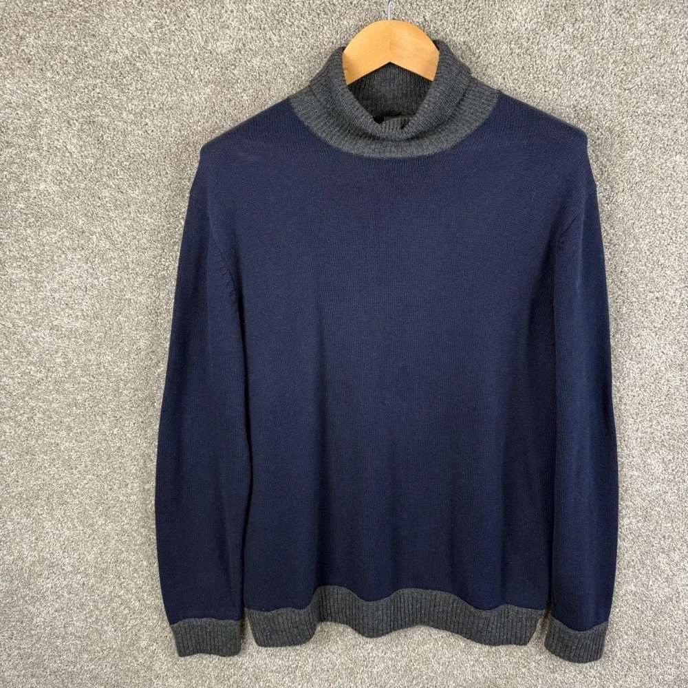 Reiss Mens XL Navy Blue Cotton Lambswool Cashmere Turtleneck Elbow Patch Sweater